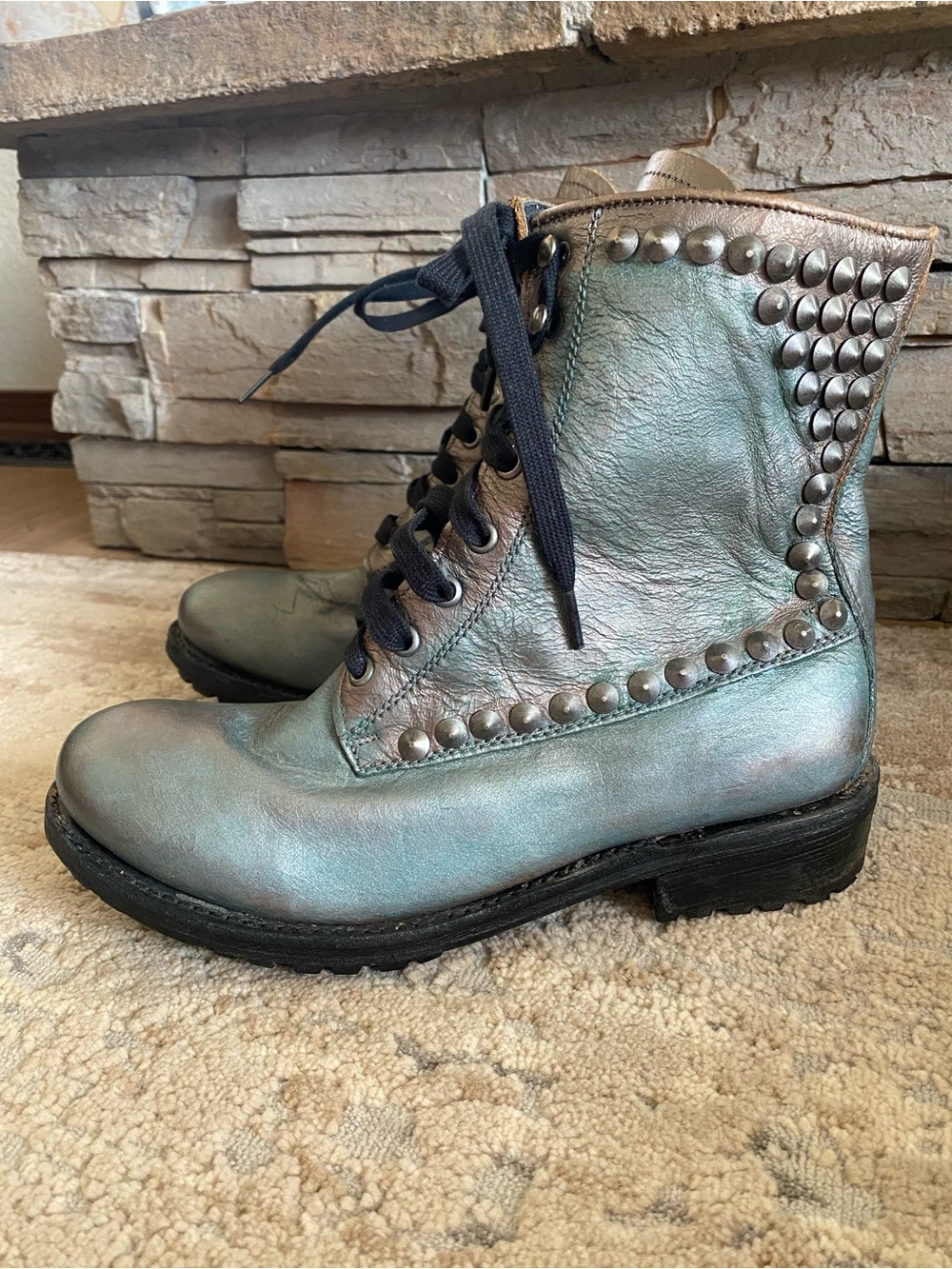 ASH Ralph Studded Iridescent Blue Leather Lace Up Combat Boots Ankle Moto: 40